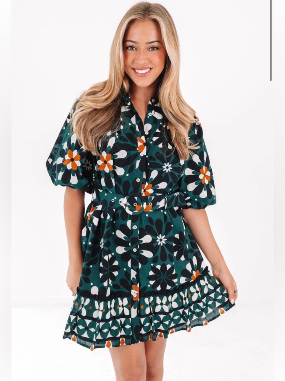 J. Marie Maxine Belted Floral Print Boho Cotton Dress Hunter Green NWT $180